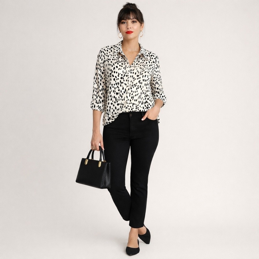 Chicos Dalmatian Animal Print Modal Blouse Minimal Spotted Button Down 2/L/12-14